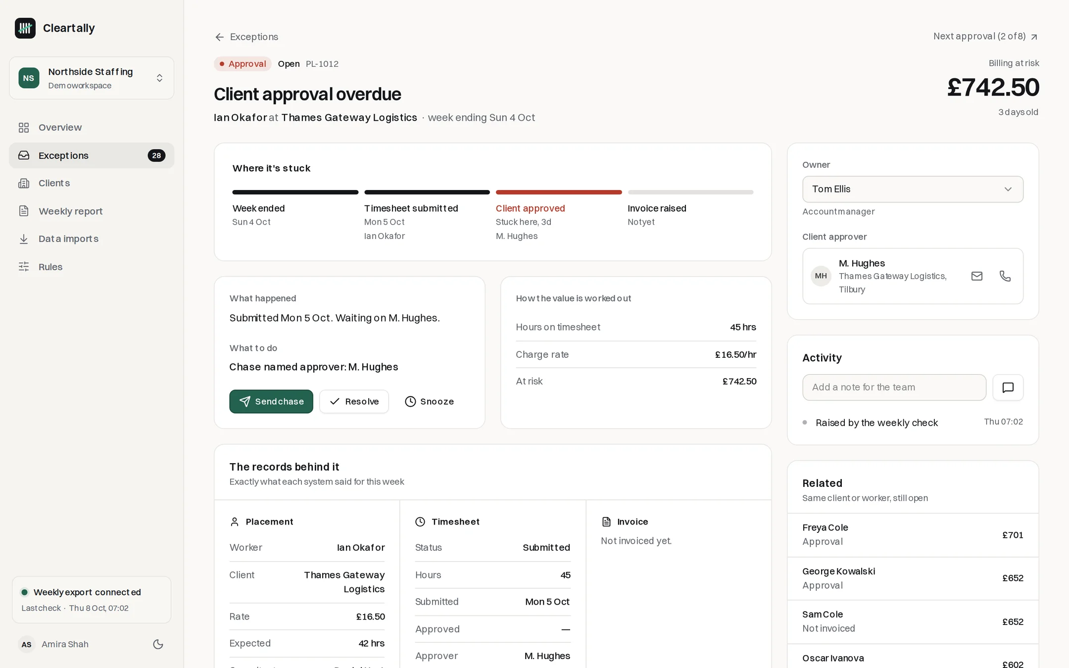 An exception detail page showing an overdue client approval and its history